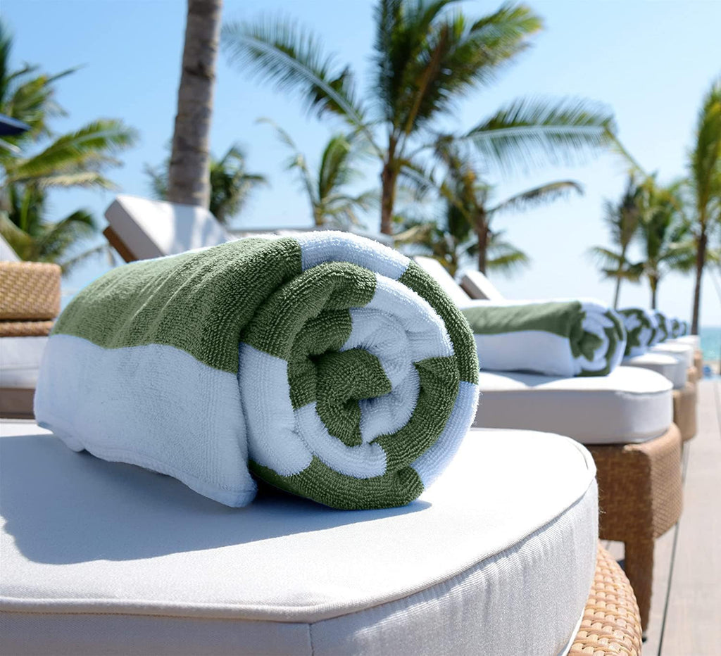 Regine Switzerland Oversized Cabana Stripe Beach Towels - Luxury Plush Quick-Dry Cotton 35x70 in Khaki Green | 2 Pack
