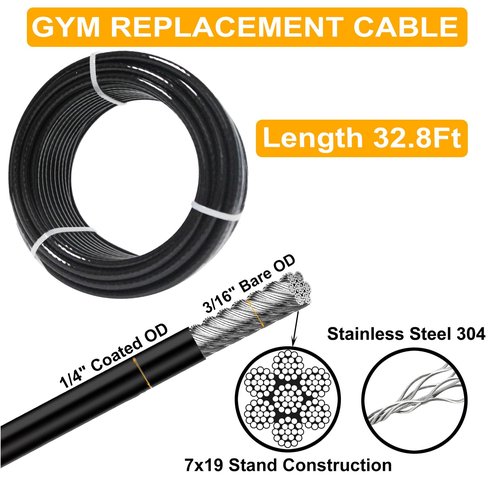 FOLUXING 32.8Ft Fitness Pulley Cable, Gym Steel Cable for DIY Home Gym, Gym Cable Replacement for Pulley Cable Machine,TPU Coated,Thick 1/4"(6mm)