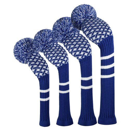 Scott Edward Personalized Knit Golf Club Covers 4 Counts for Woods and Driver Fit Max Drivers Fairways Hybrids/Utility Big Pom Pom Customized Patterns Decorate Golf Bags (Blue Reticulated)