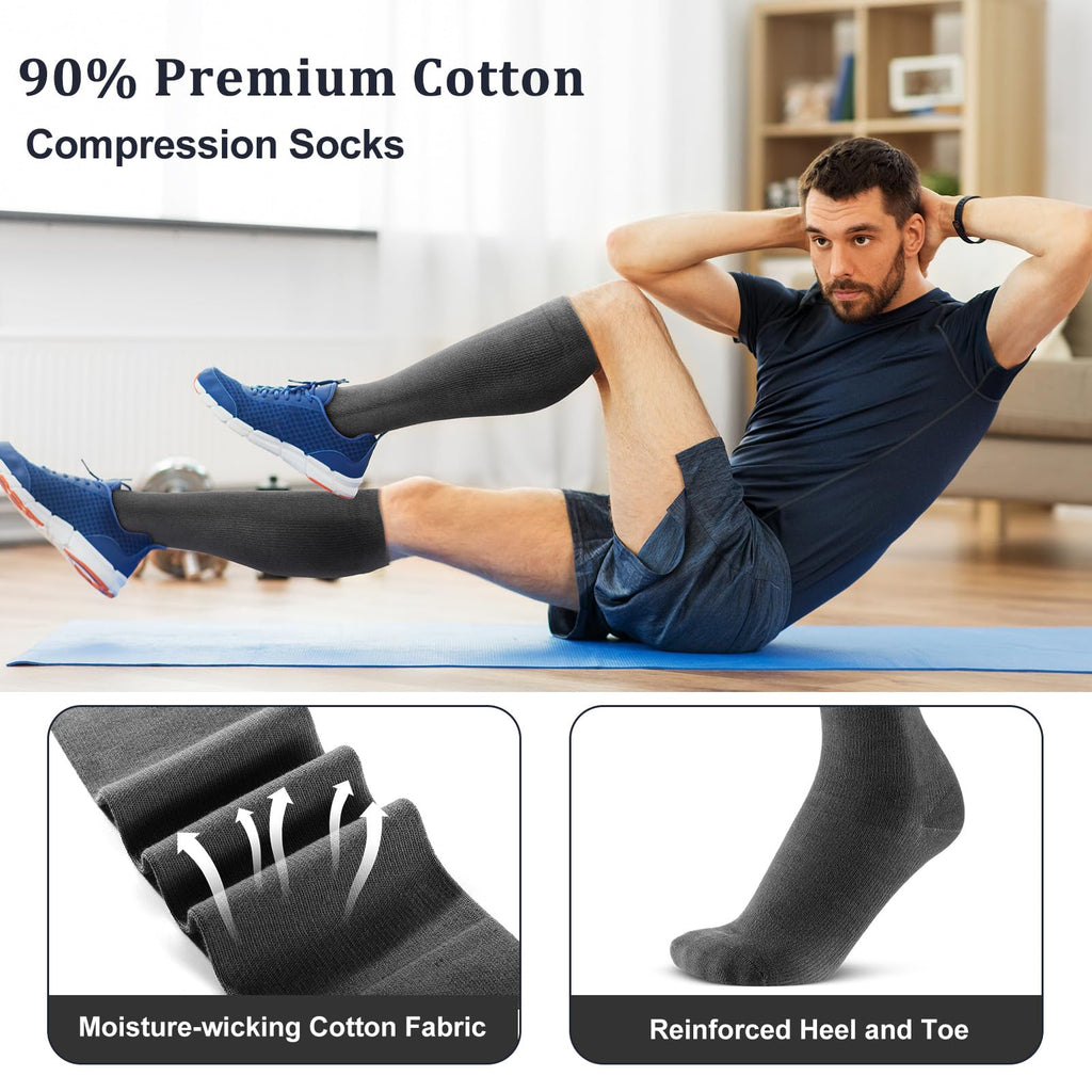Tisancy 4 Pairs Cotton Compression Socks for Women Men 20-30 mmHg Knee High Support Socks for Nurse Pregnant Sports Travel(Black, Medium Grey, Dark Grey, Khaki)
