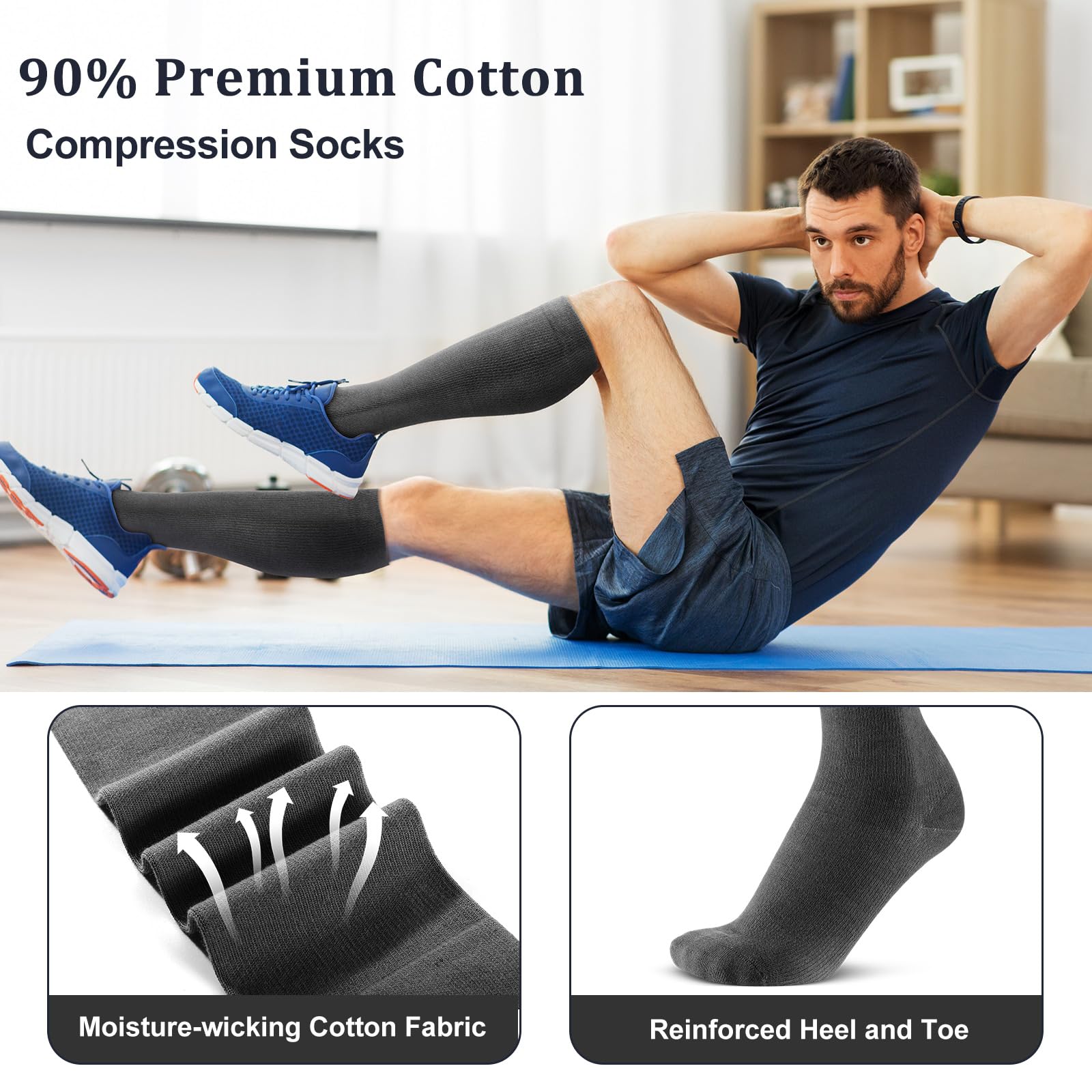 Tisancy 4 Pairs Cotton Compression Socks for Women Men 20-30 mmHg Knee High Support Socks for Nurse Pregnant Sports Travel(Black, Medium Grey, Dark Grey, Khaki)