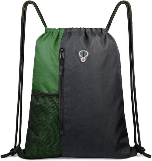 BeeGreen Drawstring Gym Backpack - Large Cinch Sackpack with Zipper & Water Bottle Pockets | Black/Green