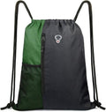 BeeGreen Drawstring Gym Backpack - Large Cinch Sackpack with Zipper & Water Bottle Pockets | Black/Green