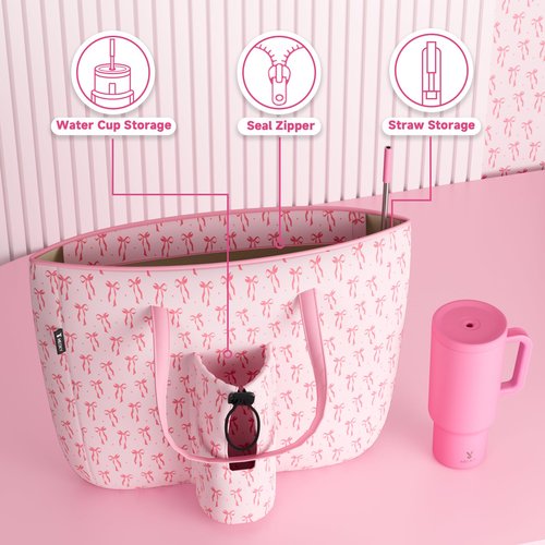 Meoky 15 L Cute Tote Bag: Pink Tote Bag with Straw Storage for 40 oz Tumbler with Handle and Straw - Water Bottle Carrier Holder For Work Yoga - Girls Sister, Bow