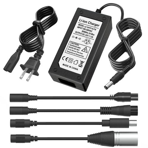 42V 2A Scoter Charger 5 Plugs for 36V Lithium Battery Pack DC 5.5 * 2.1 with 8mm 3 Prong/12mm 3 Prong Connector/8mm RCA/ 3-Pin Male XLR Connector,Universal 5 in 1 Charger Power Adapter