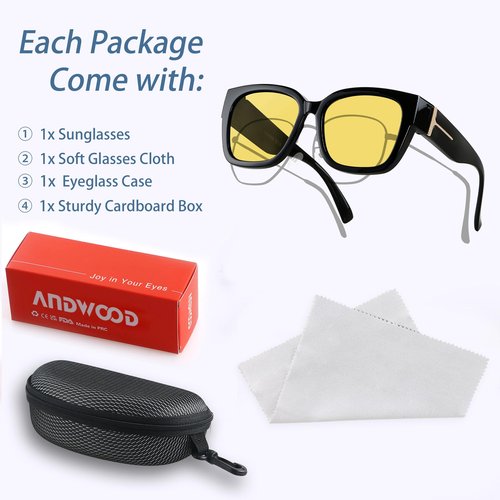 ANDWOOD Night Vision Driving Glasses Fit Over Eyeglasses for Women Men Polarized Nighttime Glasses Anti Glare Yellow Lens