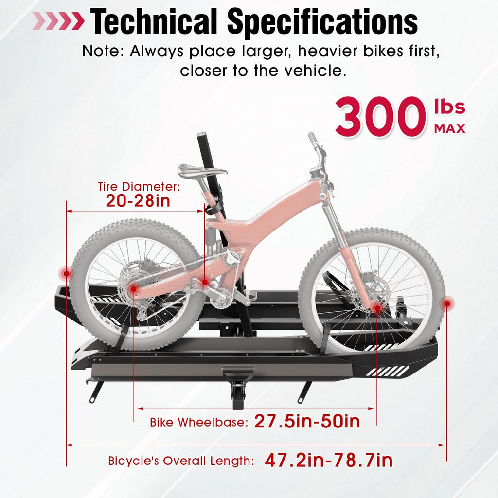Tekmira Ebike Rack with Ramp, Foldable Bike Rack for Tow Hitch, Heavy Duty Bike Carrier for 2 Fat Tire Bikes with 300LBS Load Capacity - Fits SUV, Truck, Trailer, RV-Gray