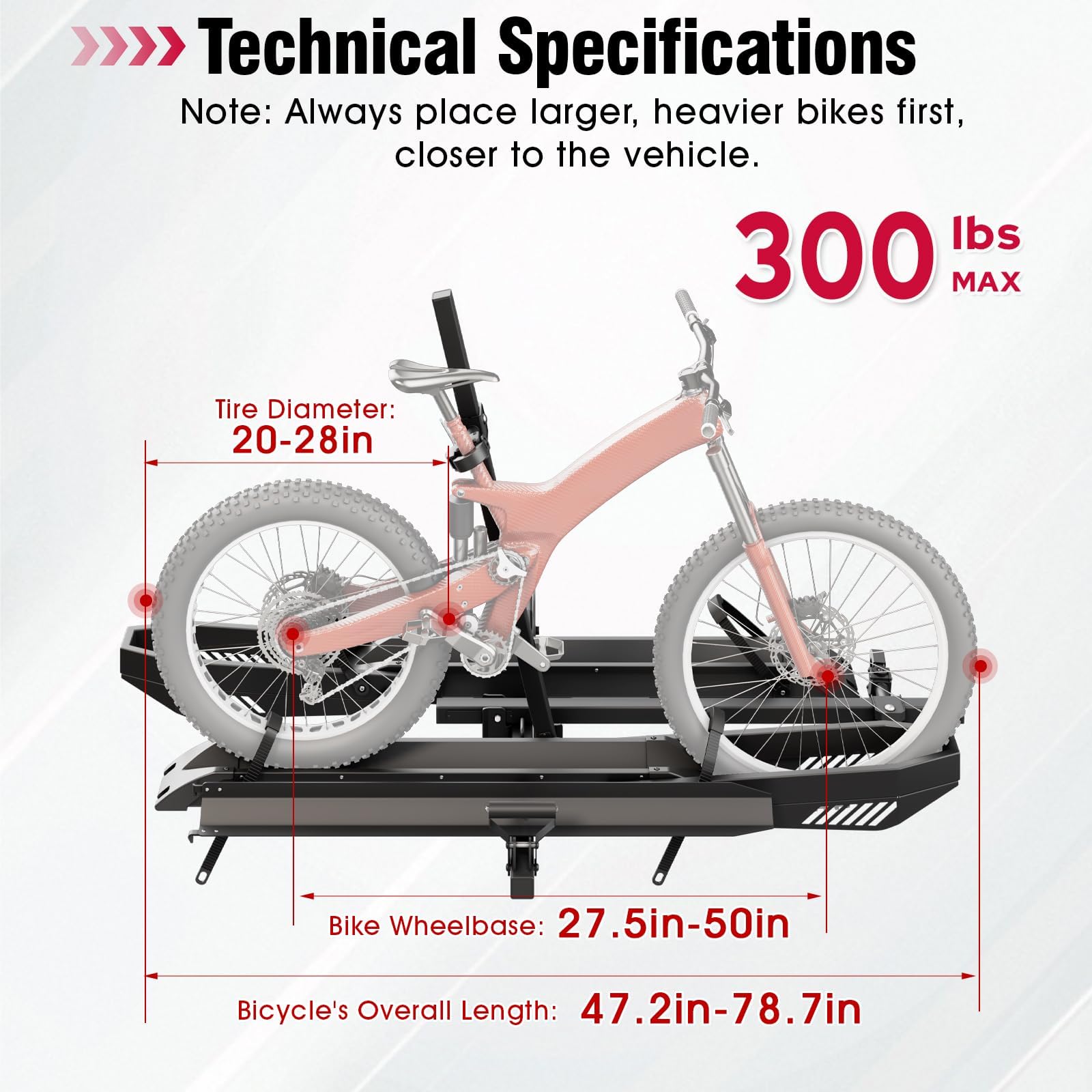 Tekmira Ebike Rack with Ramp, Foldable Bike Rack for Tow Hitch, Heavy Duty Bike Carrier for 2 Fat Tire Bikes with 300LBS Load Capacity - Fits SUV, Truck, Trailer, RV-Gray