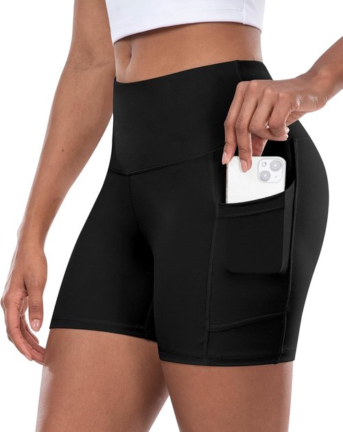 CHRLEISURE Women's High Waisted Biker Yoga Shorts - Tummy Control, 5-Inch Pocketed Spandex Gym Shorts
