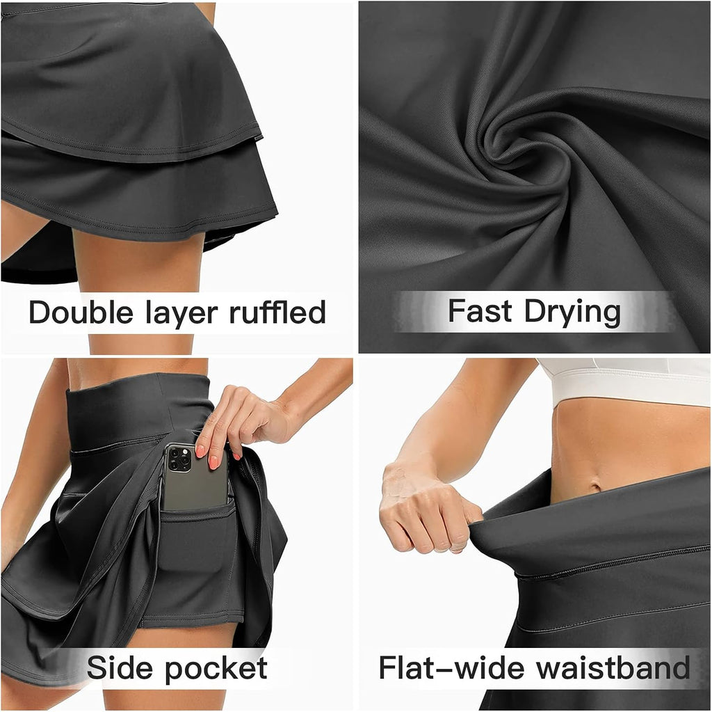 WOWENY Women's Athletic Tennis Skirt - Layered Pleated Skort with Pocket for Running & Golf