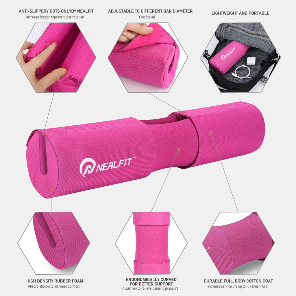 NEALFIT Barbell Squat Pad with Thick Nylon Padding, Hip Thrust Pad for Squats, Lunges, Neck Shoulder Squat Pad for Olympic or Standard Bars (Pink)