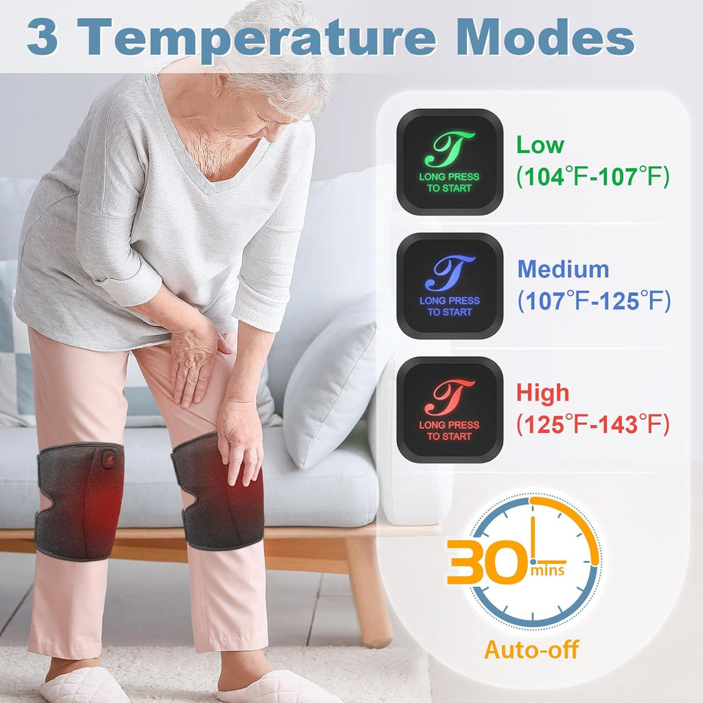 Skiennix Heated Knee Brace - Cordless Heating Pad for Arthritis Relief | 3 Temperature Modes, Black (One Pair)