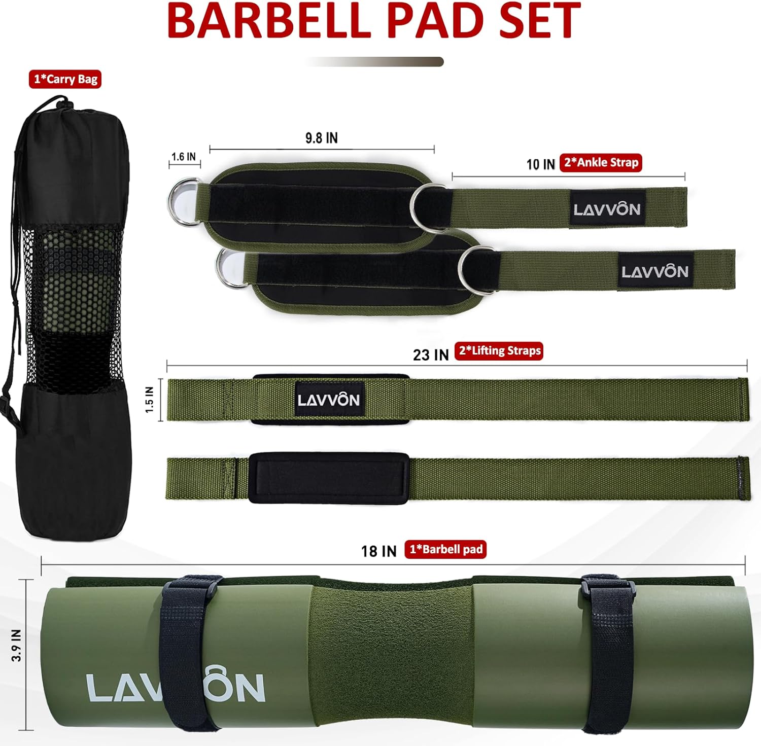 Squat Pad Set - Foam Barbell Pad for Squats & Lunges | Olympic Weight Bar Pad with Ankle & Wrist Straps