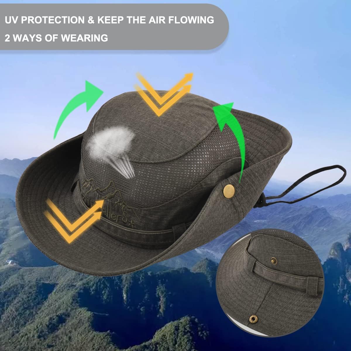 Sun Hat for Men - Cotton Embroidered Wide Brim Bucket Hat for Summer Outdoor Protection | Foldable Safari Design