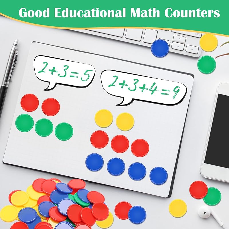 1.5" Plastic Learning Counters with Storage Box, 200 PCs 4 Colors (Green Red Blue Yellow) Educational Counting Chips