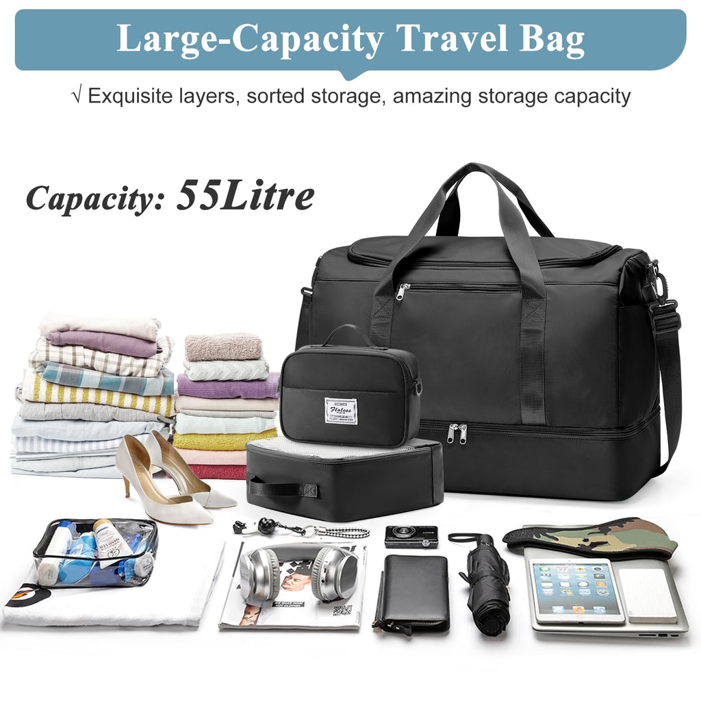 Extra Large Travel Duffle Bag,Carry on Overnight Weekend Bag with Shoes Compartment,Weekender Bags for Women for Travel Business Trips Sport Hospital,3 Pcs Set,Black