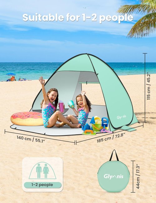 Glymnis Beach Tent - Portable Sun Shelter for 1-4 Persons | UPF 50+ with Enclosed Zipper Door