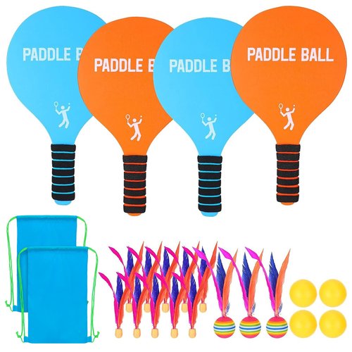 Beeplove 2 Beach Games Toy Paddle Ball Sets - Funny Paddleball Rackets Game, Outdoor Sports Toys for Kids Adults Family Games Yard Lawn Party Supplies, Blue Orange, Medium