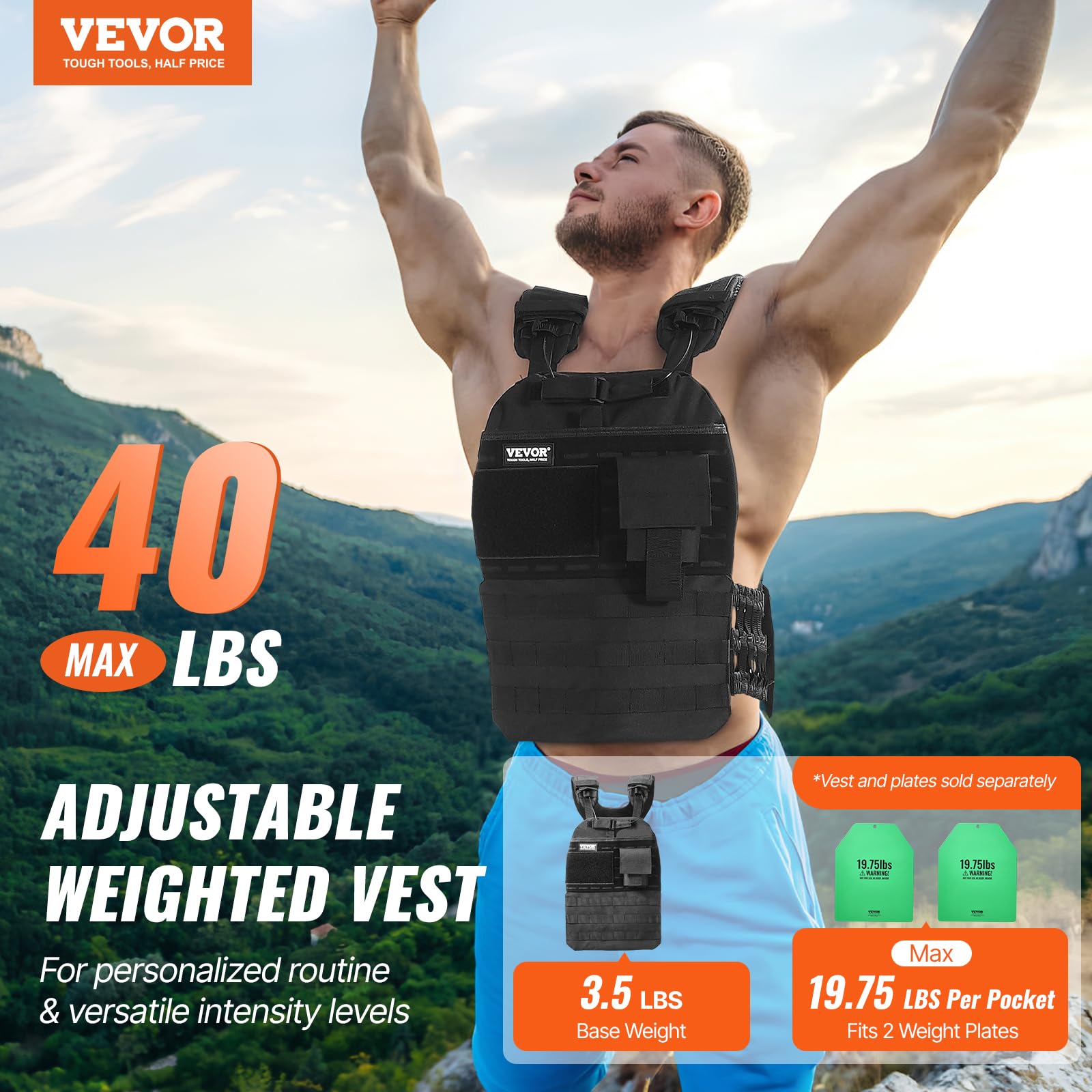 VEVOR Weighted Vest, 40lb Weight Vest, Adjustable Body Weight Jacket for Men Women, Workout Equipment for Strength and Endurance Training, Running, Jogging, Walking, Fitness, and Weight Loss
