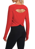Bestisun Womens Athletic Long Sleeve Shirts Backless Workout Yoga Crop Tops Sports Dance Clothes Red XL
