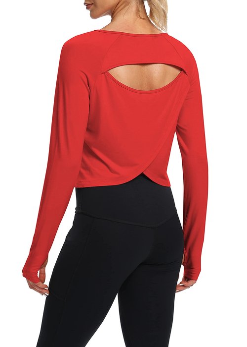 Bestisun Womens Athletic Long Sleeve Shirts Backless Workout Yoga Crop Tops Sports Dance Clothes Red XL