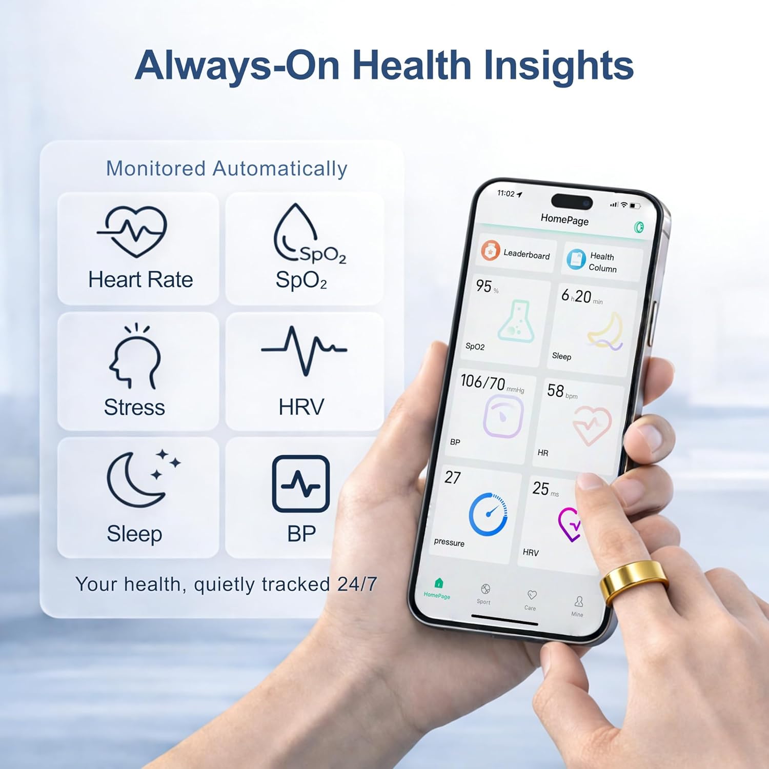 Smart Ring | Health & Fitness Tracker for Men & Women - Heart Rate, SPO₂, Sleep Monitoring, IP68 Waterproof, Gold, Size 8