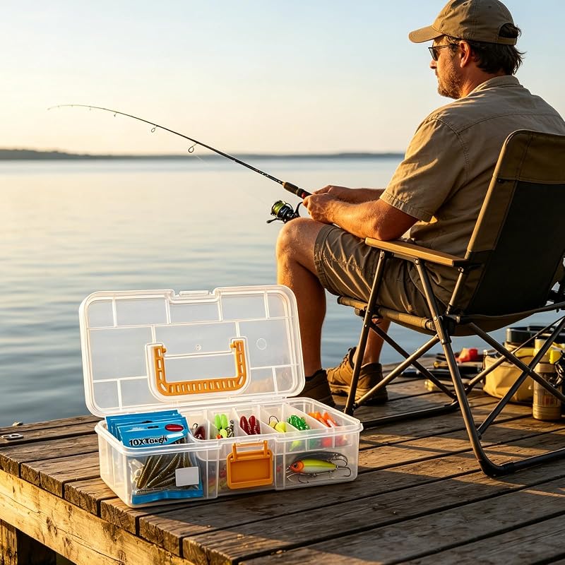 Clear 2-Layer Fishing Tackle Box Organizer with Tray and Locking Latch