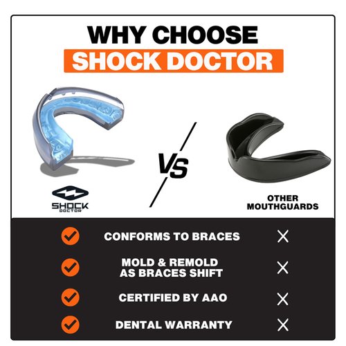 Shock Doctor Braces Football Mouth Guard, Upper and Lower Teeth. Convertible, Ultra Double Protection, Comfortable and Durable Mouthguard.