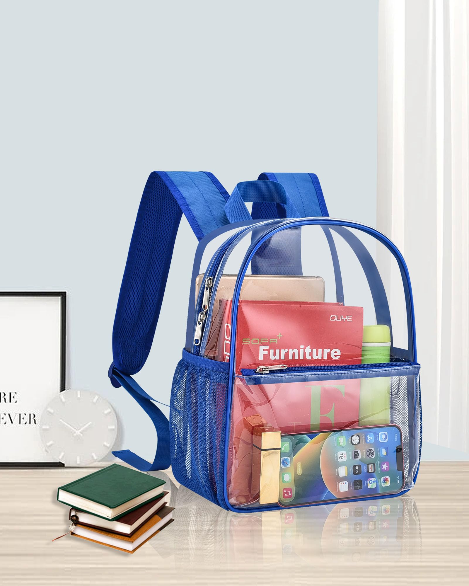 Paxiland Clear Backpack Stadium Approved, Size 12x9x4 Small Clear Bag for Stadium Events with Front Pocket, See Through Backpack for Sport Events Concert, Blue