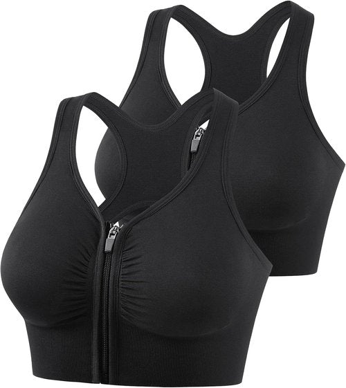 Fapreit Women's Sports Bra - Seamless Wire-Free Zip Front Closure for Post-Surgery Comfort | Padded Racerback