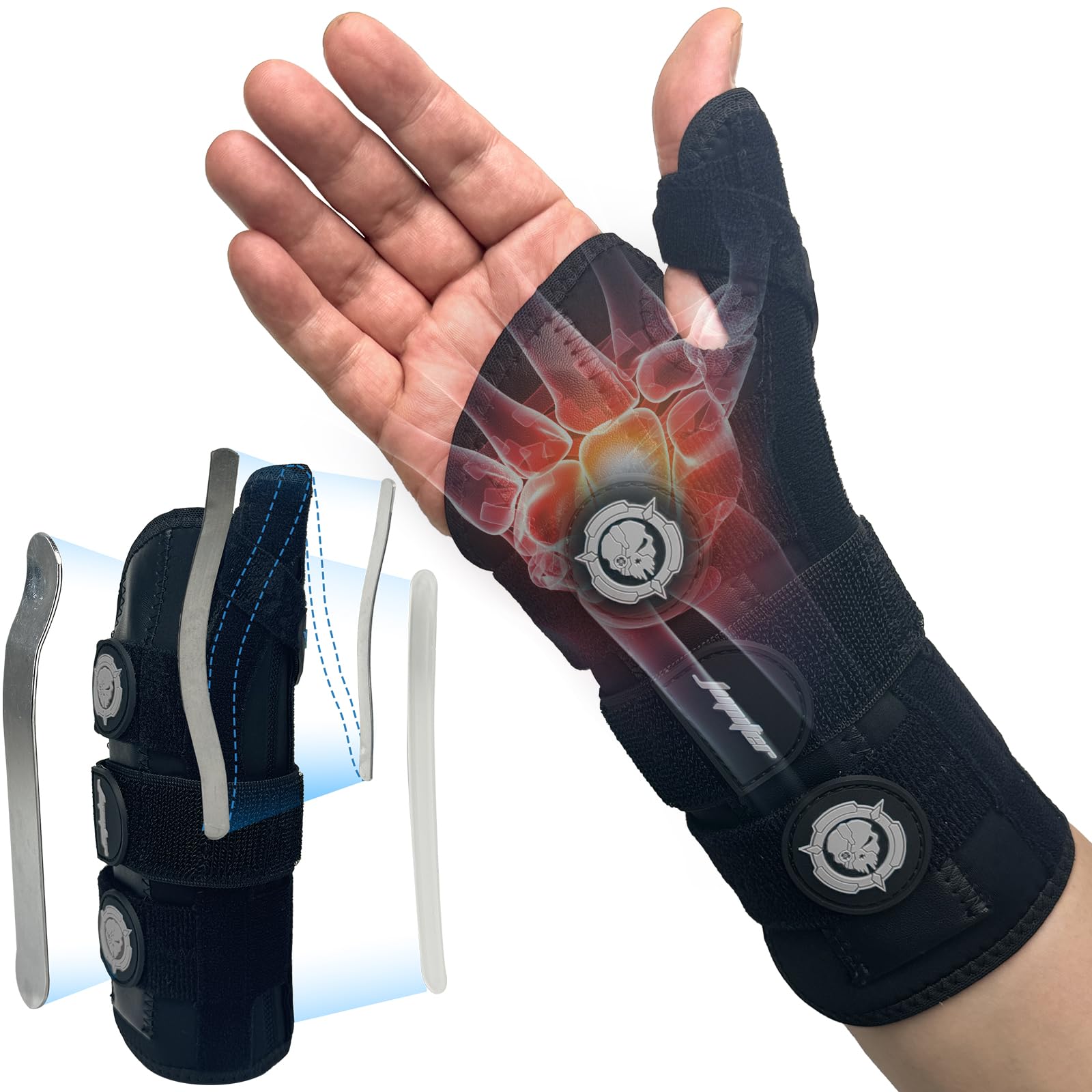 JUPITER Carpal Tunnel Wrist Brace with Thumb Support, Day & Night Thumb Spica Splint for Right Hand, Ideal for De Quervains Tenosynovitis, Tendonitis & Typing Pain Relief - Small/Medium, Gray for Men & Women