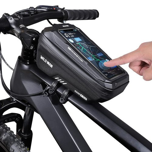 WILD MAN 1L Quick Release Waterproof Bike Front Frame Bag Phone Holder with Touch Screen Top for Mountain Road Bike MTB Cycling (XS2, Black)