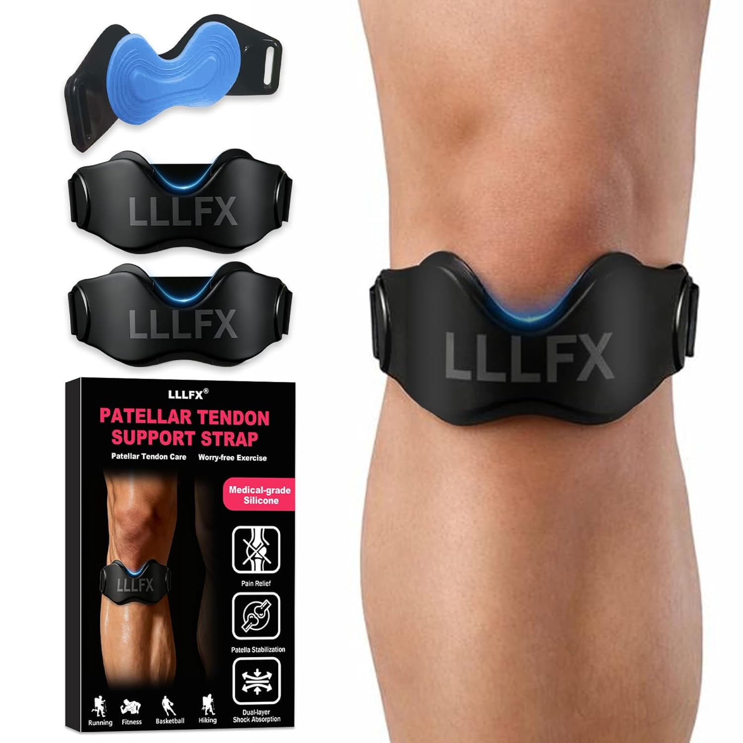 Patellar Tendon Support Straps by [Brand Name] - Adjustable Non-Slip Knee Bands for Pain Relief | Black, 2 Pack