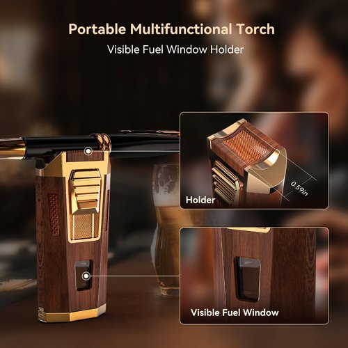 All-in-One Torch Lighter with Punch, Holder, and Draw Enhancer Tool, Adjustable Windproof 2 Jet Flame Lighters, Refillable Lighters Gift for Men (Mahogany)