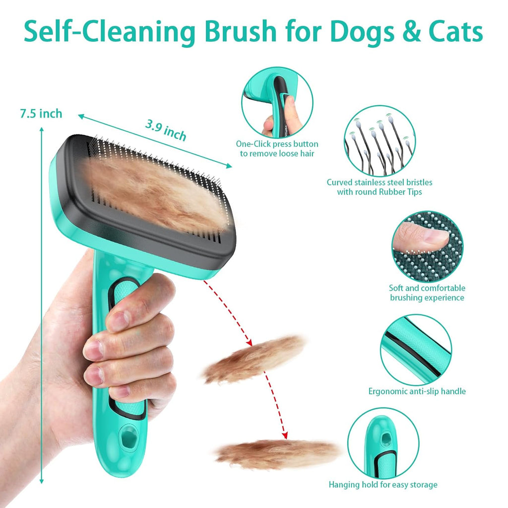 Skiennix 5-Piece Pet Grooming Set - Self-Cleaning Slicker Brush, Rake, Bath Brush & Nail Clippers for Dogs and Cats