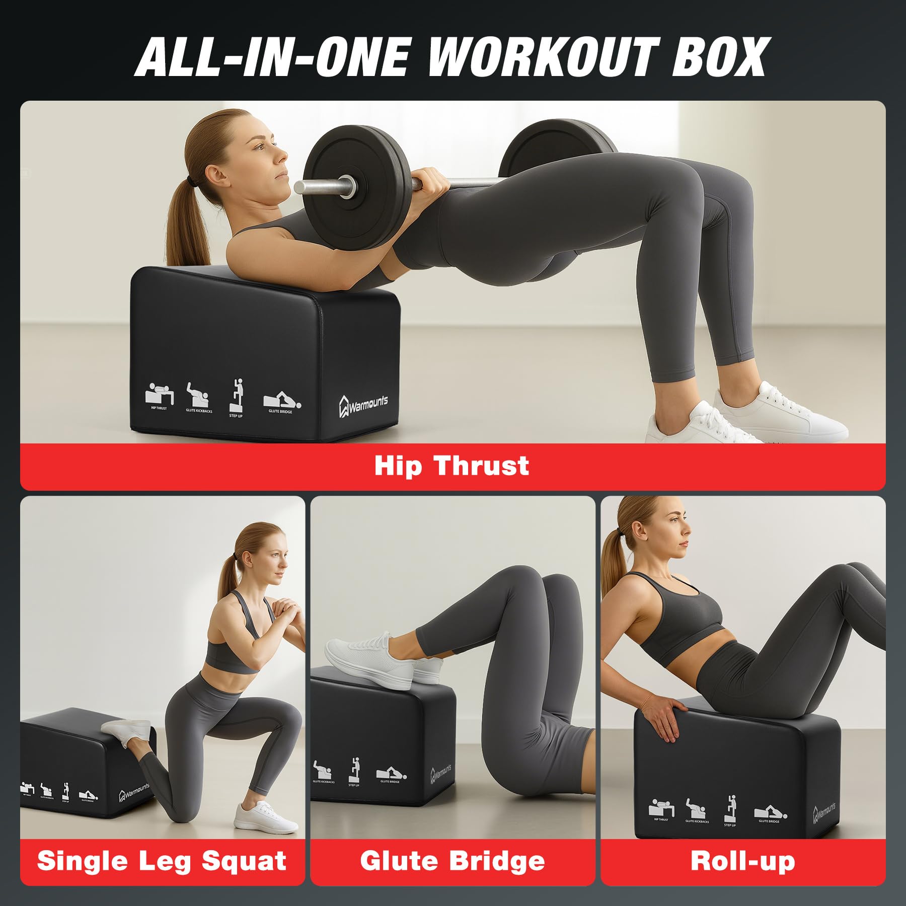 WARMOUNTS Hip Thrust Bench, Multi-Functional Hip Thrust Machine for Strength Training, Glute Bridge Box with Handle, Non-Slip Pad and Smooth Rim Design, for Home and Gym, 700LB Load Capacity