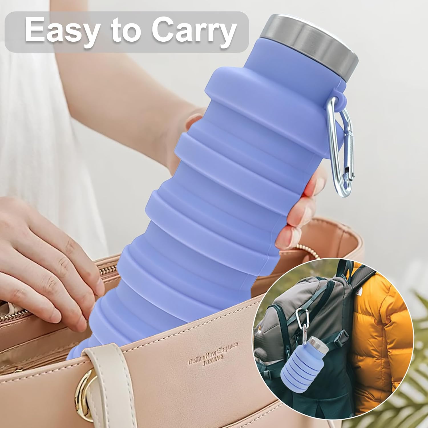 YCT Collapsible Water Bottle - 17oz Portable Silicone Bottle for Travel, Gym & Hiking | Purple & Black