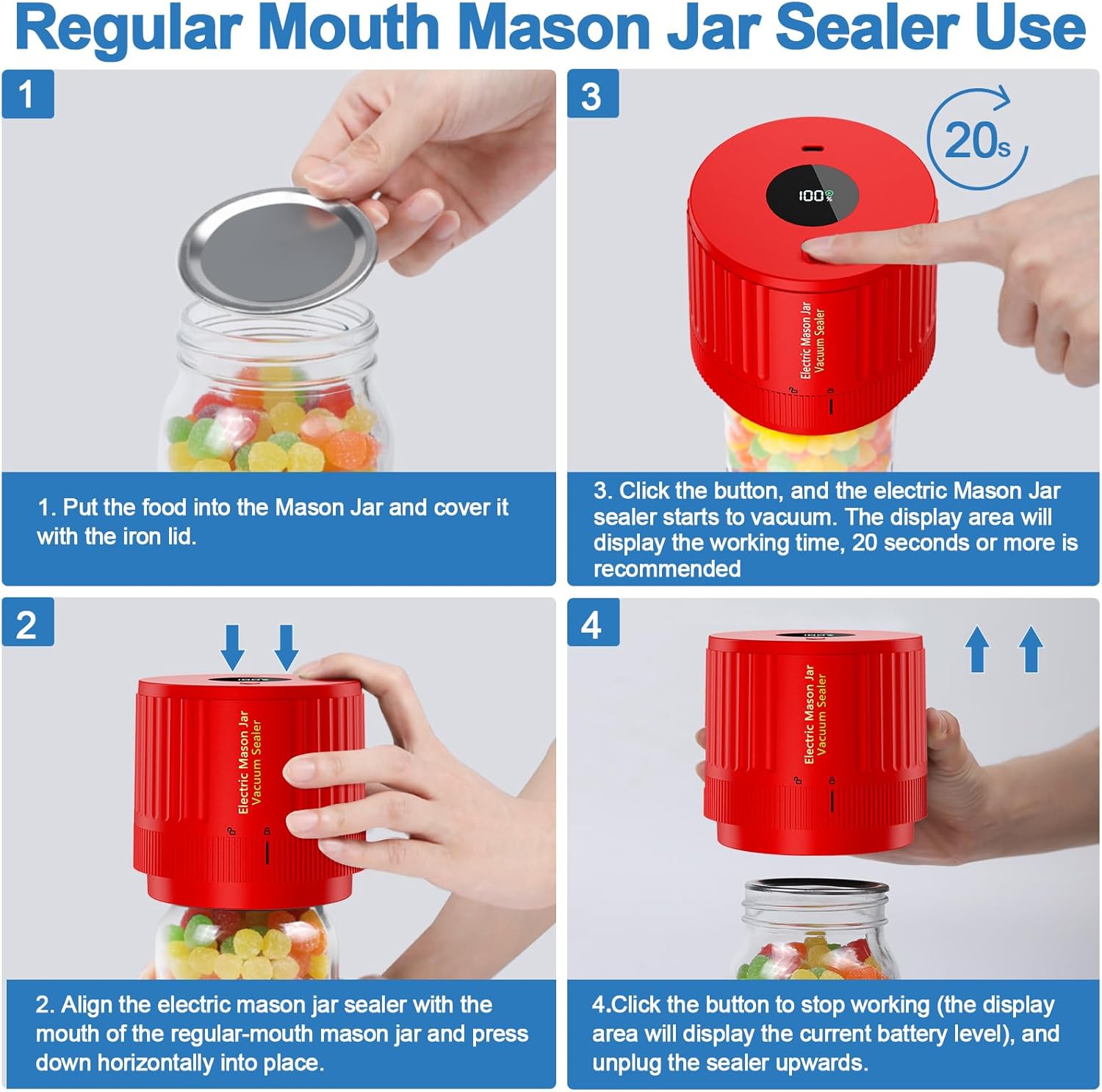 Skiennix Electric Mason Jar Vacuum Sealer Kit - Ideal for Wide & Regular Mouth Jars - Red