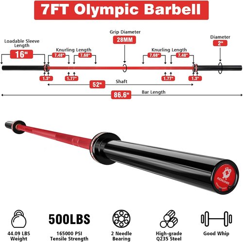 7ft Olympic Barbell - 45lb Weightlifting Bar with Smooth Spinning Sleeves | 500-1000lbs Capacity for Home Gym Training