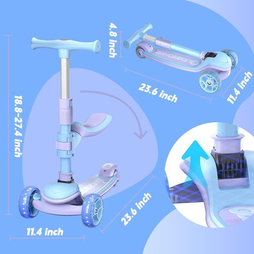 JUNLING Scooter for Kids, 3-Wheel Folding Scooter with Adjustable Height Handlebars, Wide Anti-Slip Deck, Lean-to-Steer, Removable Seat