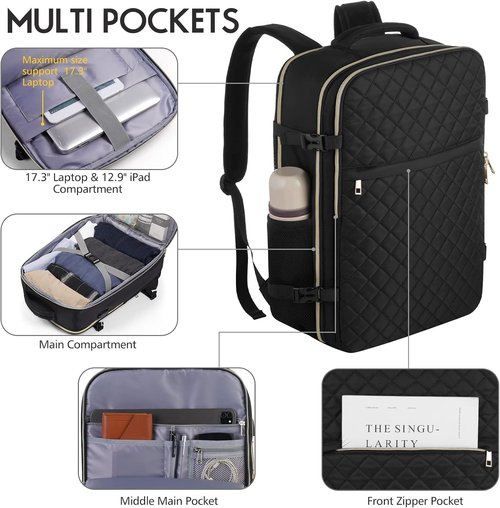 MOMUVO Large Travel Backpack - Flight Approved, Water Resistant Anti-Theft Design | Fits 17-Inch Laptop, Black