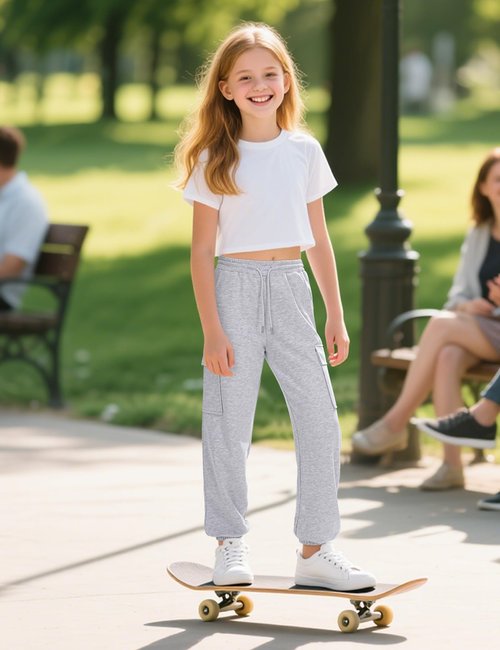 BOOPH Girls Sweatpants Kids Baggy Cargo Pants Athletic Drawstring Jogger Pants with Pockets Grey 11-12 Years