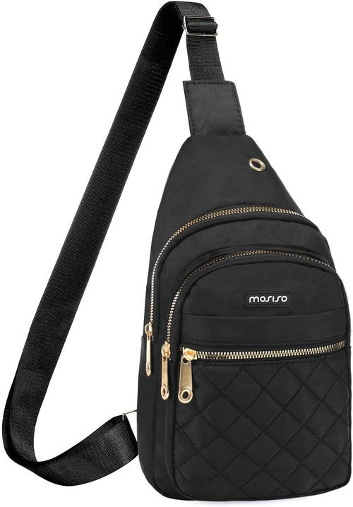 MOSISO Small Sling Backpack - Lightweight Rhombus Quilted Crossbody Bag for Hiking | Black