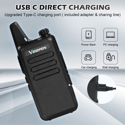 Voopon Rechargeable Walkie Talkies for Adults 22 FRS Channels Two-Way Radios with Earpieces Long Range VOX Mini Transceivers for Business Company USB Charger for Camping Hiking Church Shop (10 Pack)