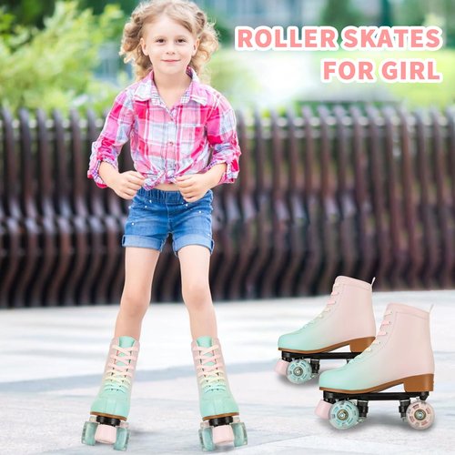 Buric Roller Skates for Girl and Women, PU Leather Kids Roller Skates Light Up, Fantasy High-top Adjustable Four Wheel Beginner Roller Skates Girls Ages 8-12 for Indoor Outdoor (Green Pink 32)