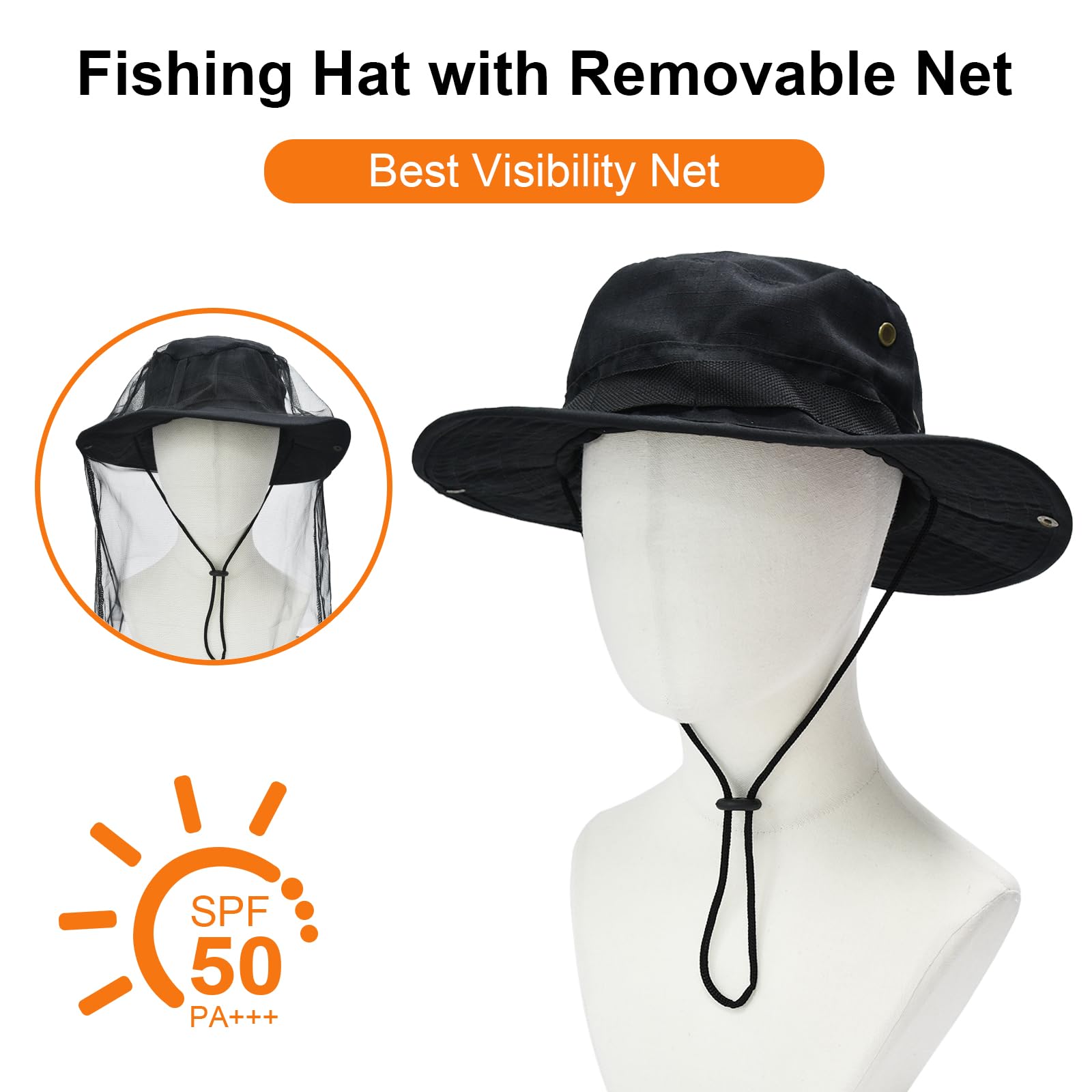 Sun Hats for Men Women Bucket Hat UPF 50+ Boonie Hat Foldable UV Protection Hiking Beach Fishing Summer Safari with Removable Head Net Mesh(1pack-Black)