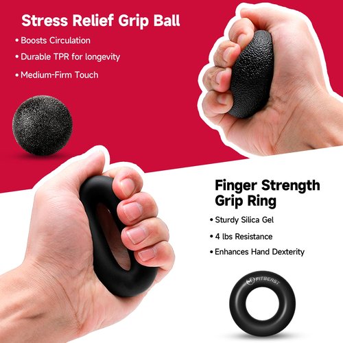FitBeast Hand Grip Strengthener Workout Kit (5 Pack), 2 Forearm Grip Adjustable Resistance Hand Gripper, Finger Stretcher, Grip Ring & Stress Relief Grip Ball for Athletes, Black