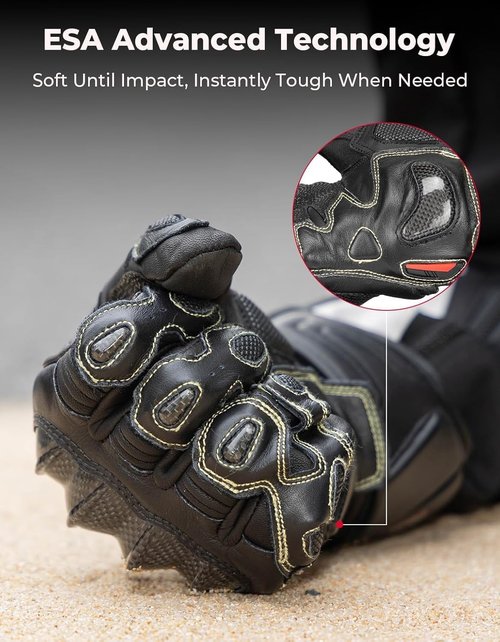 KEMIMOTO Leather Motorcycle Gloves - ESA Cushioning & Kevlar Carbon Fiber Knuckle Protection | Unisex Riding Gear