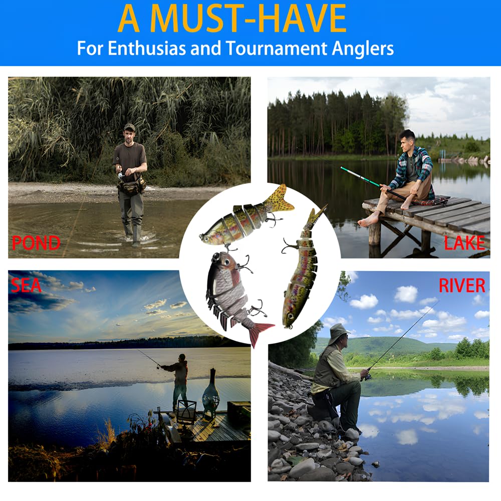 6 Pcs Fishing Lure Set with Durable Hard Plastic Tackle Box | Bass Trout Saltwater Freshwater Fishing Lures | Slow Sinking Lifelike Jointed Swimbait for Beginner & Pro Anglers