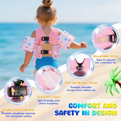 MoKo Toddler Swim Vest for Kids 13-30/20-50/22-66lbs, Swim Arm Floaties Cartoon Swimming Water Wings Pool Float Vests Sleeves Shoulder Straps Arm Band for Children Learn to Swim